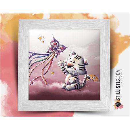 Cadre carré avec Illustration Tigre blanc et cerf-volant papillon pour Chambre Enfant bébé 25x25cm