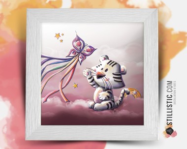 Cadre carré avec Illustration Tigre blanc et cerf-volant papillon pour Chambre Enfant bébé 25x25cm