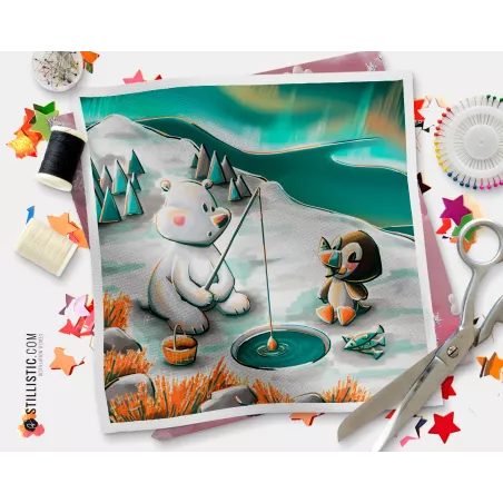 Coupon tissu illustré Banquise Ours polaire et macareux coton ou minky