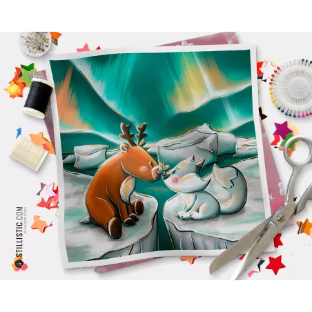 Coupon tissu illustré Banquise Renne et renard polaire coton ou minky