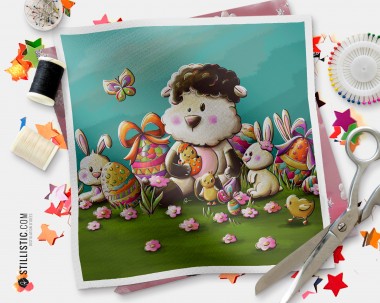 Coupon tissu illustré Pâques agneau oeufs et lapins coton ou minky