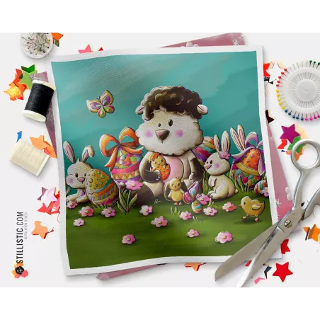 Coupon tissu illustré Pâques agneau oeufs et lapins coton ou minky