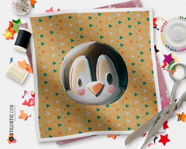 Coupon tissu illustré Tête pingouin coton ou minky