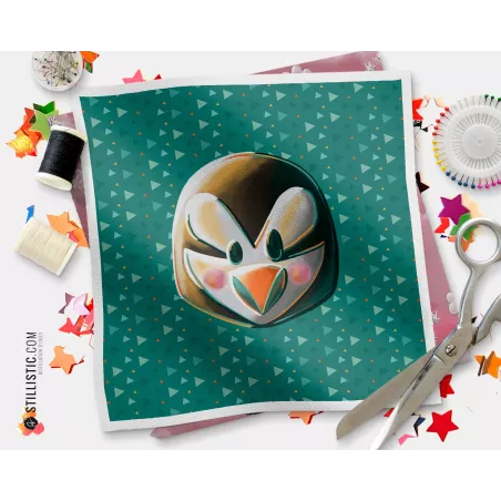 Coupon tissu illustré Tête macareux coton ou minky