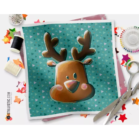 Coupon tissu illustré Tête renne coton ou minky