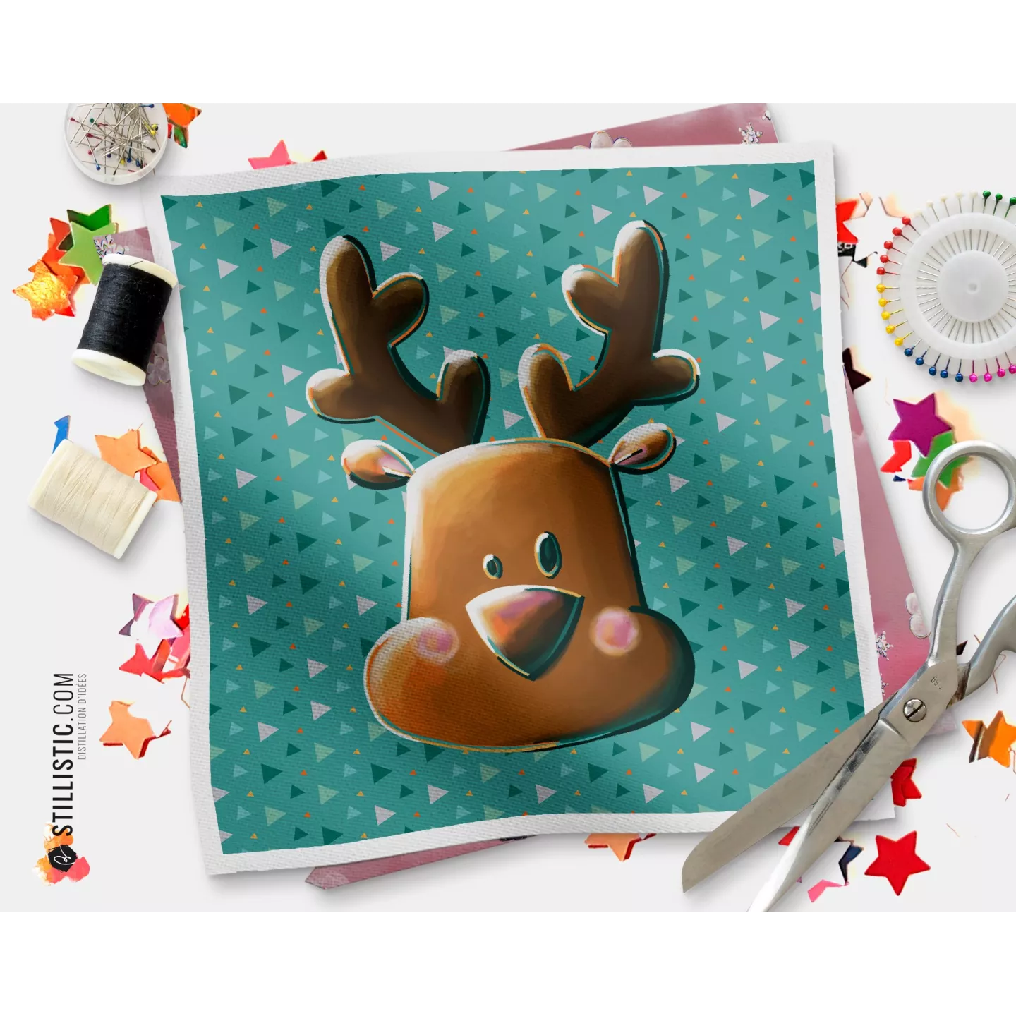 Coupon tissu illustré Tête renne coton ou minky
