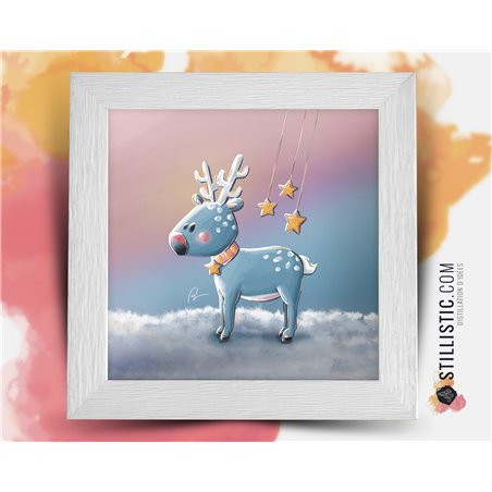 Cadre carré avec Illustration  Noël Renne dans la neige pour Chambre Enfant bébé 25x25cm