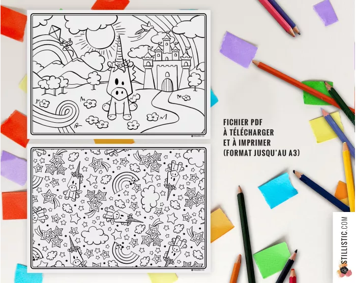 Lot de 2 Sets de table Licorne à imprimer et colorier
