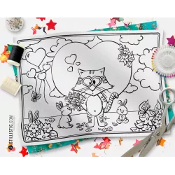 Coupon tissu Set de table Scène chat et lapins coloriable
