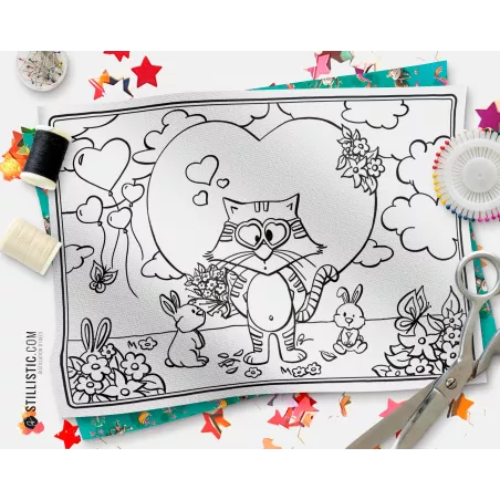 Coupon tissu Set de table Scène chat et lapins coloriable
