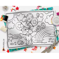 Coupon tissu Set de table Scène Chien et hérissons coloriable