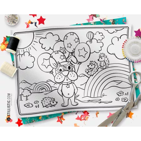 Coupon tissu Set de table Scène Chien et hérissons coloriable