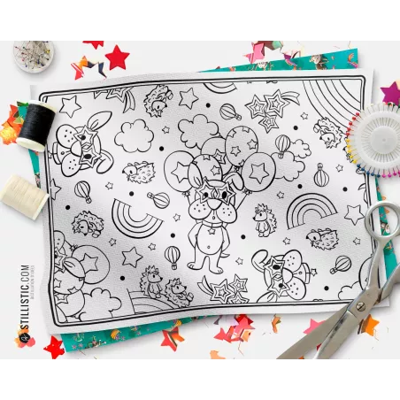 Coupon tissu Set de table Motif Chien et hérissons coloriable