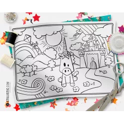 Coupon tissu Set de table Scène Licorne coloriable