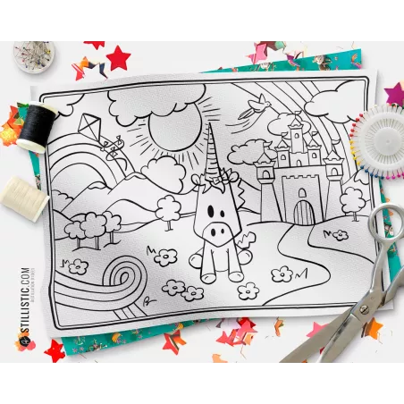 Coupon tissu Set de table Scène Licorne coloriable