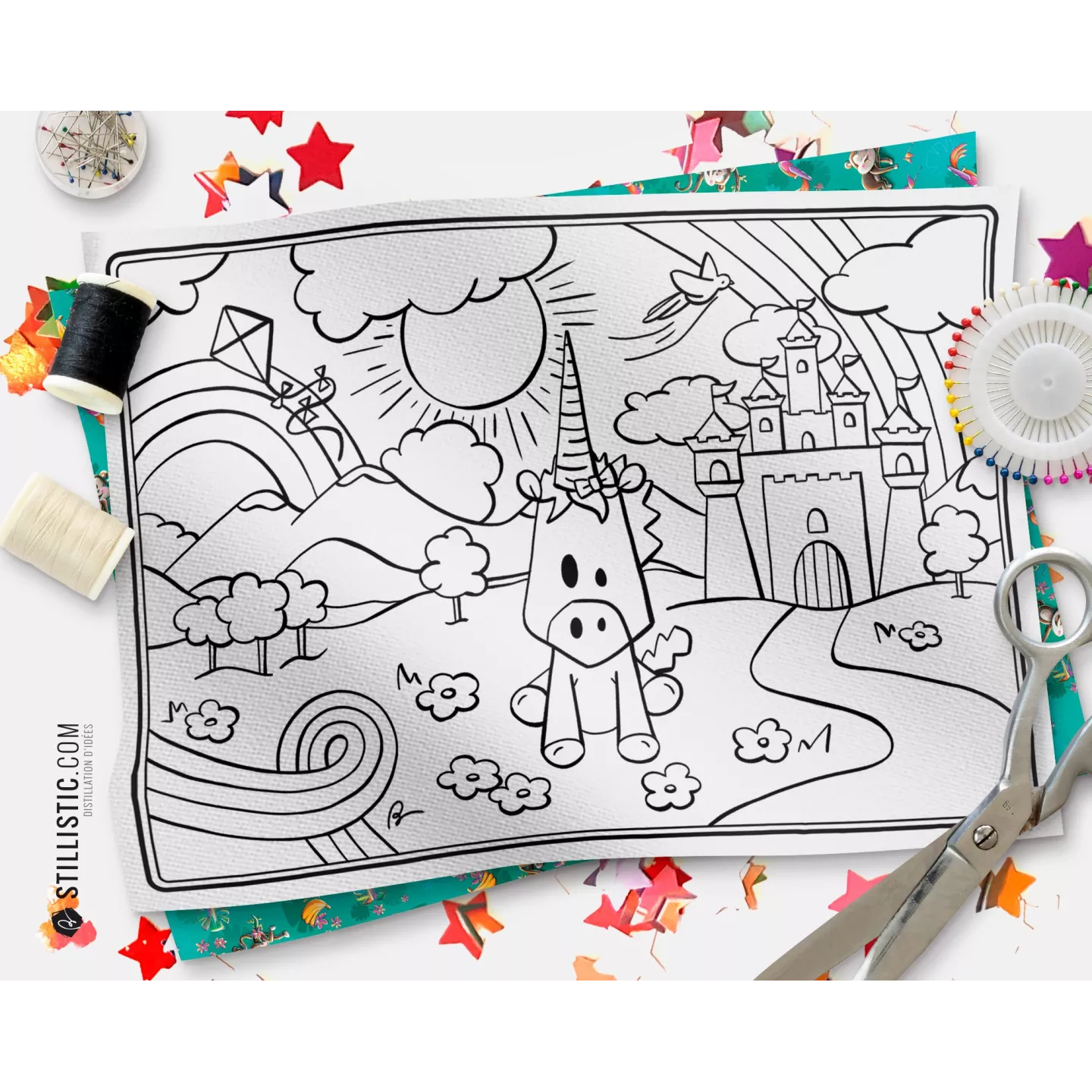 Coupon tissu Set de table Scène Licorne coloriable