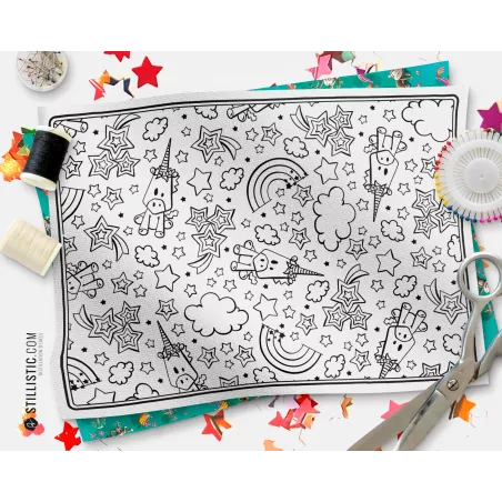 Coupon tissu Set de table Motif Licorne coloriable