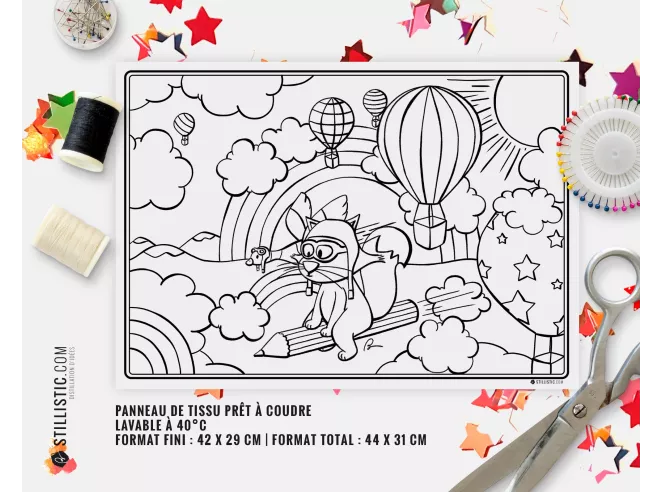 Coupon tissu Set de table Scène Renard et crayons coloriable
