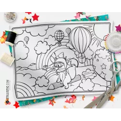 Coupon tissu Set de table Scène Renard et crayons coloriable