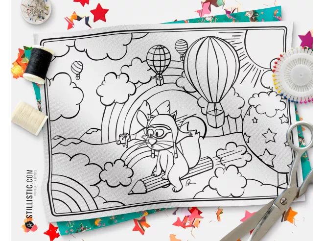 Coupon tissu Set de table Scène Renard et crayons coloriable
