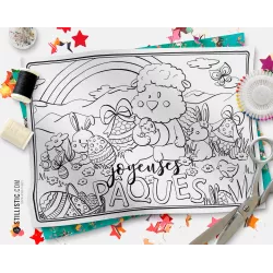 Coupon tissu Set de table Scène Agneau Pâques coloriable
