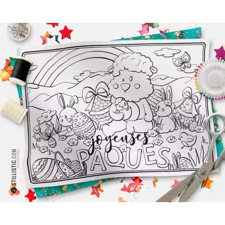 Coupon tissu Set de table Scène Agneau Pâques coloriable