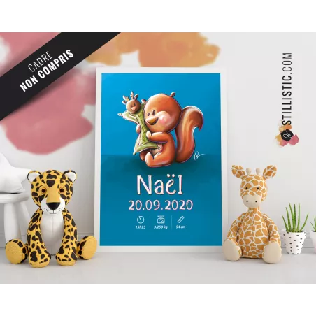 Poster de naissance Bébé Ecureuil personnalisé