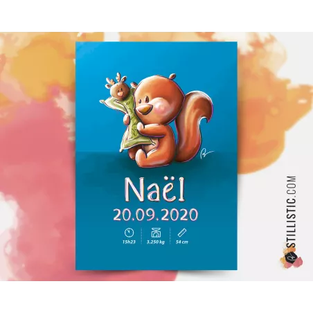 Poster de naissance Bébé Ecureuil personnalisé