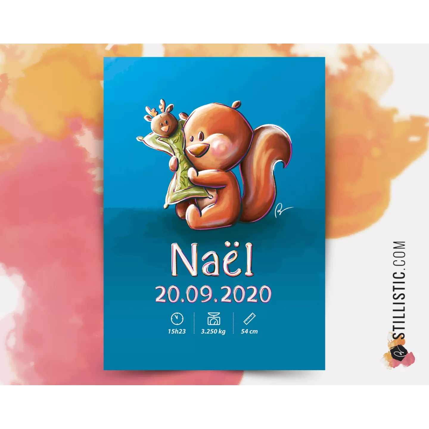 Poster de naissance Bébé Ecureuil personnalisé