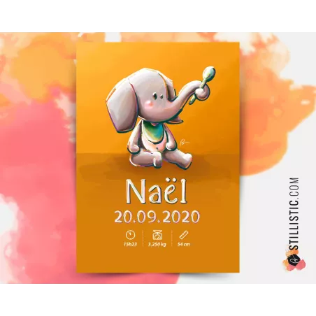 Poster de naissance Bébé Eléphant personnalisé