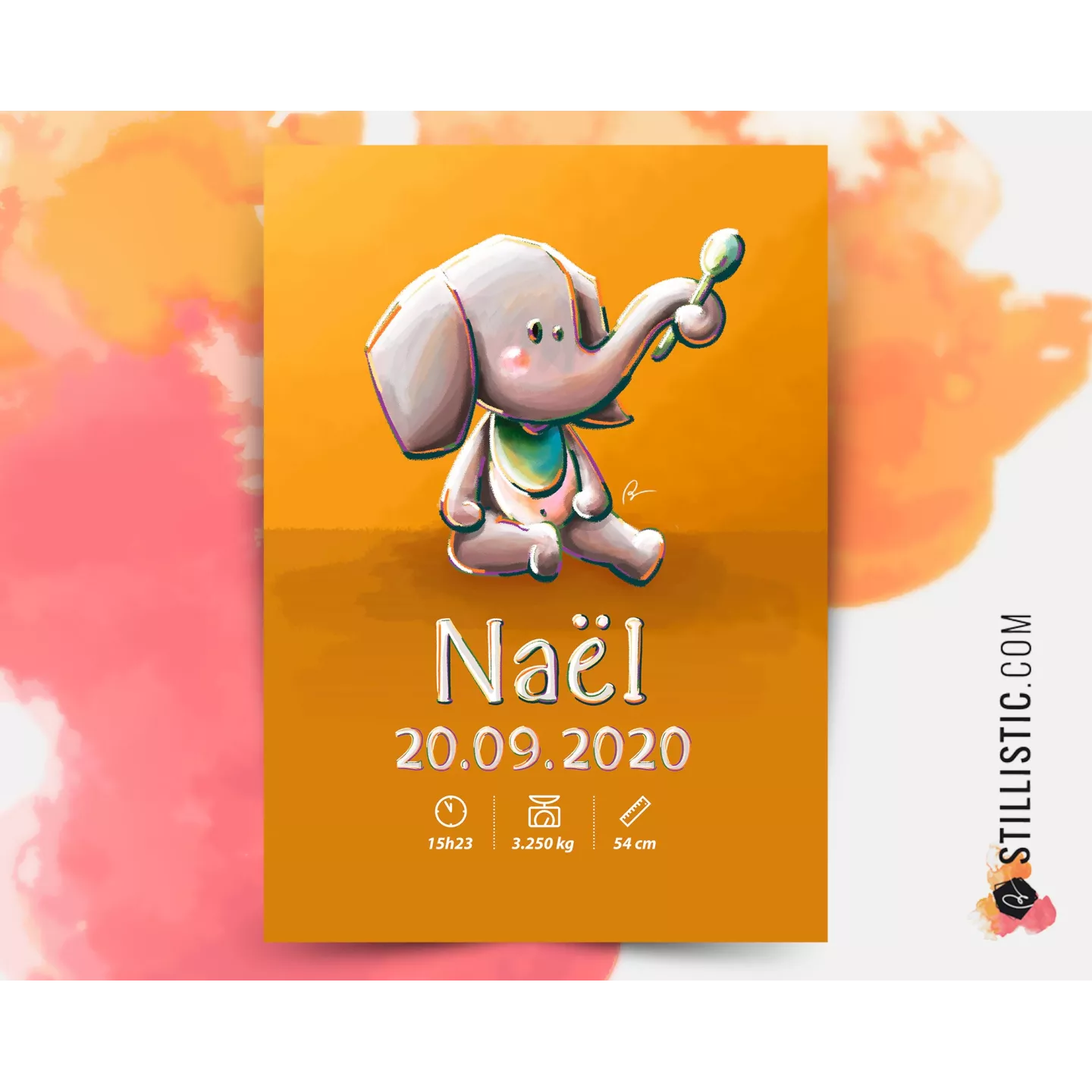 Poster de naissance Bébé Eléphant personnalisé