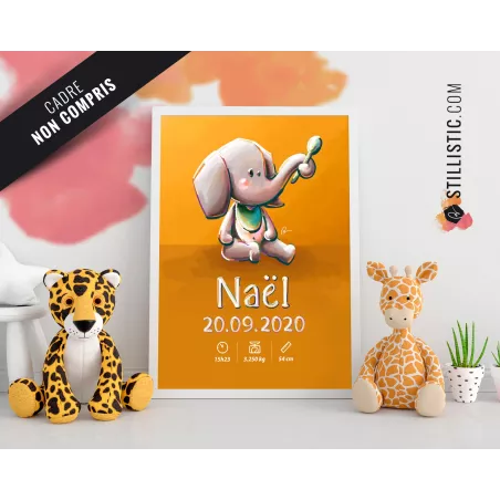 Poster de naissance Bébé Eléphant personnalisé