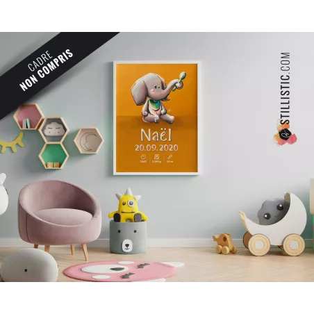 Poster de naissance Bébé Eléphant personnalisé