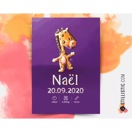 Poster de naissance Bébé Girafe personnalisé