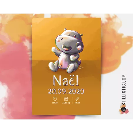 Poster de naissance Bébé Hippopotame personnalisé