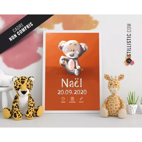 Poster de naissance Bébé Koala personnalisé
