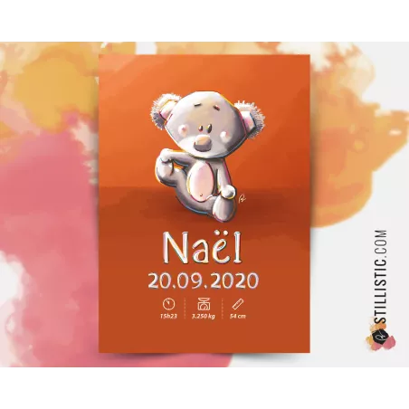 Poster de naissance Bébé Koala personnalisé