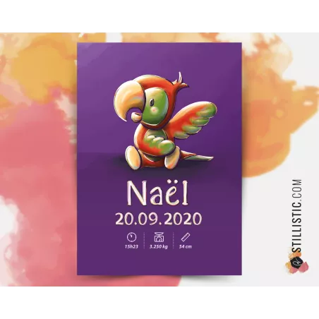 Poster de naissance Bébé Perroquet personnalisé