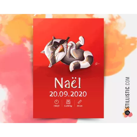 Poster de naissance Bébé Raton-laveur personnalisé