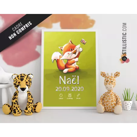 Poster de naissance Bébé Renard Papillon personnalisé