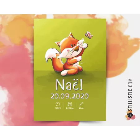 Poster de naissance Bébé Renard Papillon personnalisé