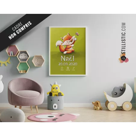 Poster de naissance Bébé Renard Papillon personnalisé
