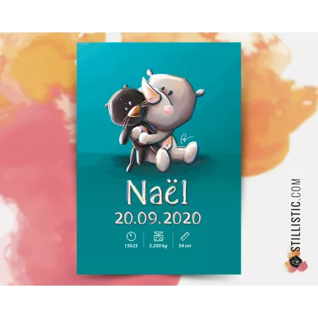 Poster de naissance Bébé Rhinocéros personnalisé