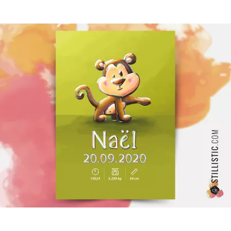Poster de naissance Bébé Singe personnalisé