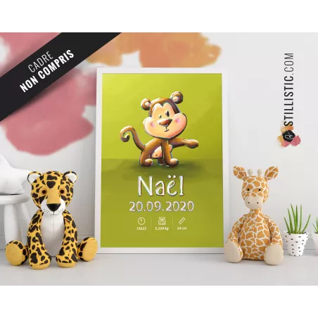 Poster de naissance Bébé Singe personnalisé
