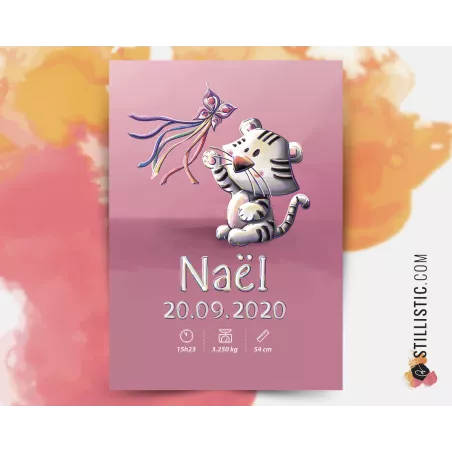 Poster de naissance Tigre Blanc personnalisé