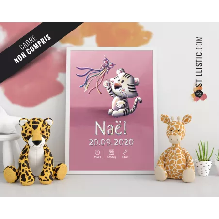 Poster de naissance Tigre Blanc personnalisé