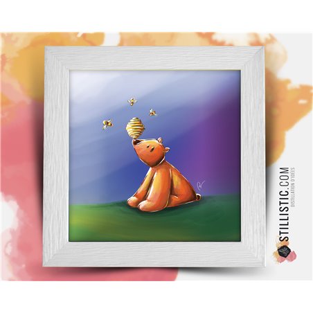 Cadre carré avec Illustration Bébé Ours et abeilles pour Chambre Enfant bébé 25x25cm