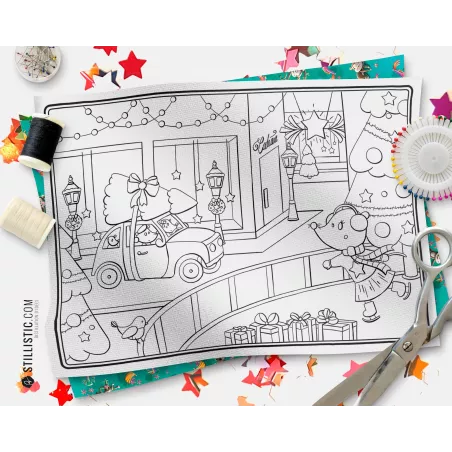 Coupon tissu Set de table Motif Noël souris coloriable