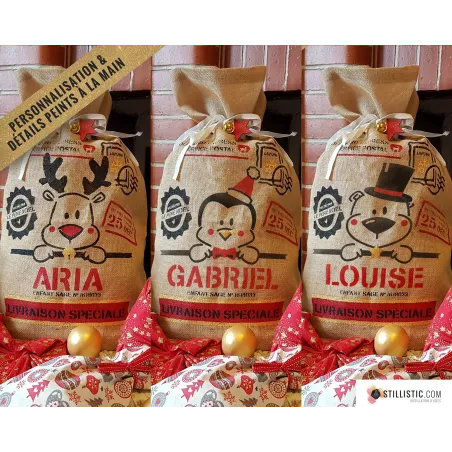 Sac cadeau hotte de Noël Renne en jute personnalisable